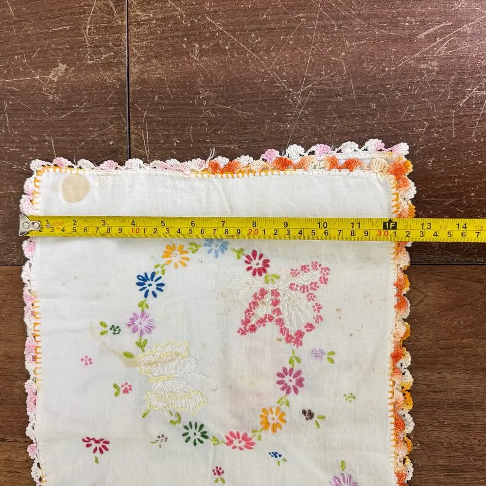 Vintage Hand-Stitched Embroidery Wash Stand Hand towel Floral Wreath Butterflies